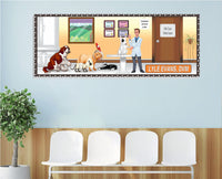 Veterinary clinic wall sign with cartoon male vet and pets, ideal for waiting rooms or home offices
