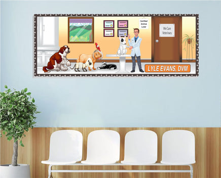 Veterinary clinic wall sign with cartoon male vet and pets, ideal for waiting rooms or home offices