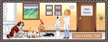 Cartoon-style veterinary sign featuring a veterinarian with injured animals in a clinic setting and paw print border; available in male or female versions

