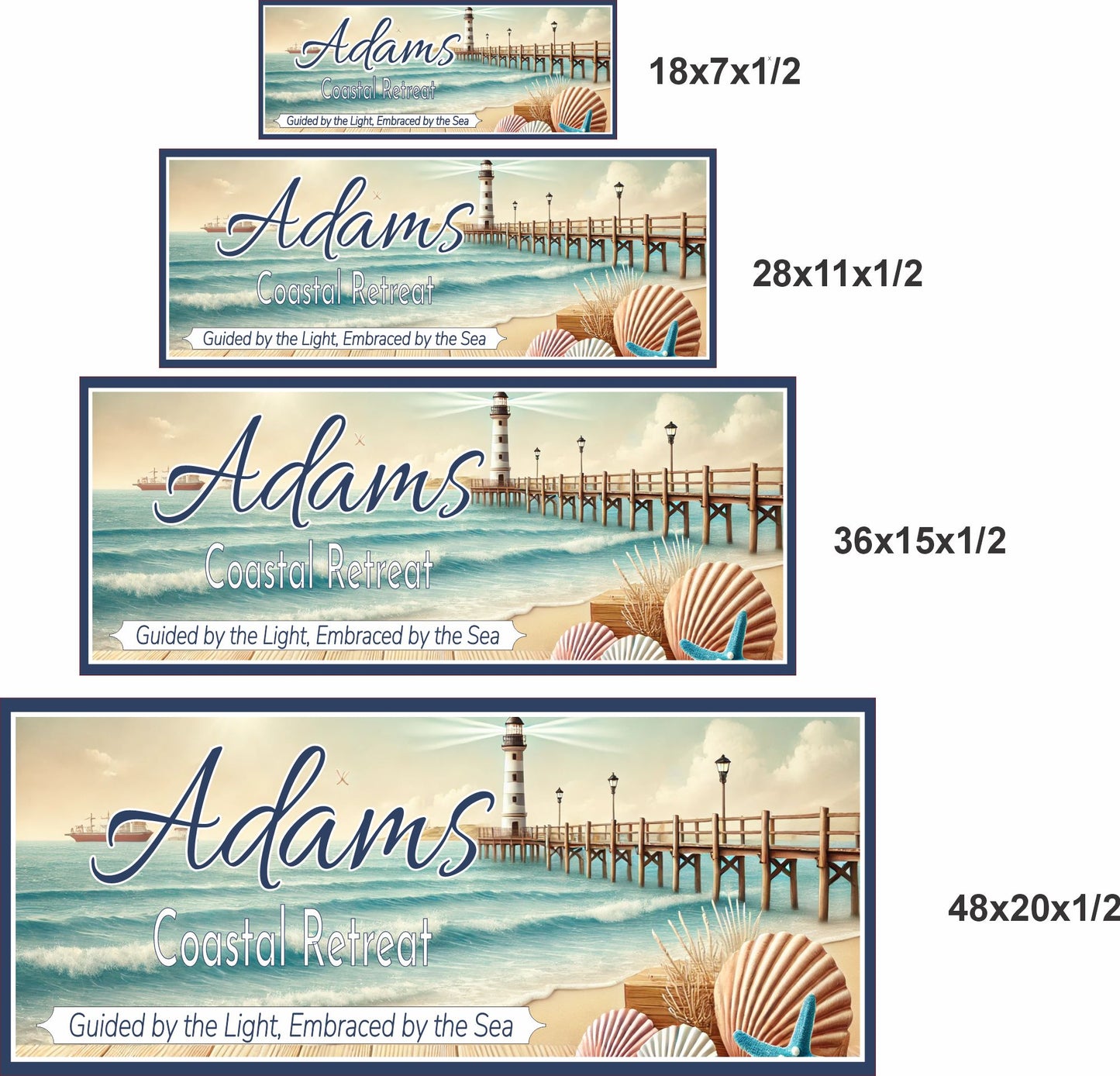 coastal retreat personalized beach house sign with lighthouse pier seashells and ocean waves shown in four sizes 