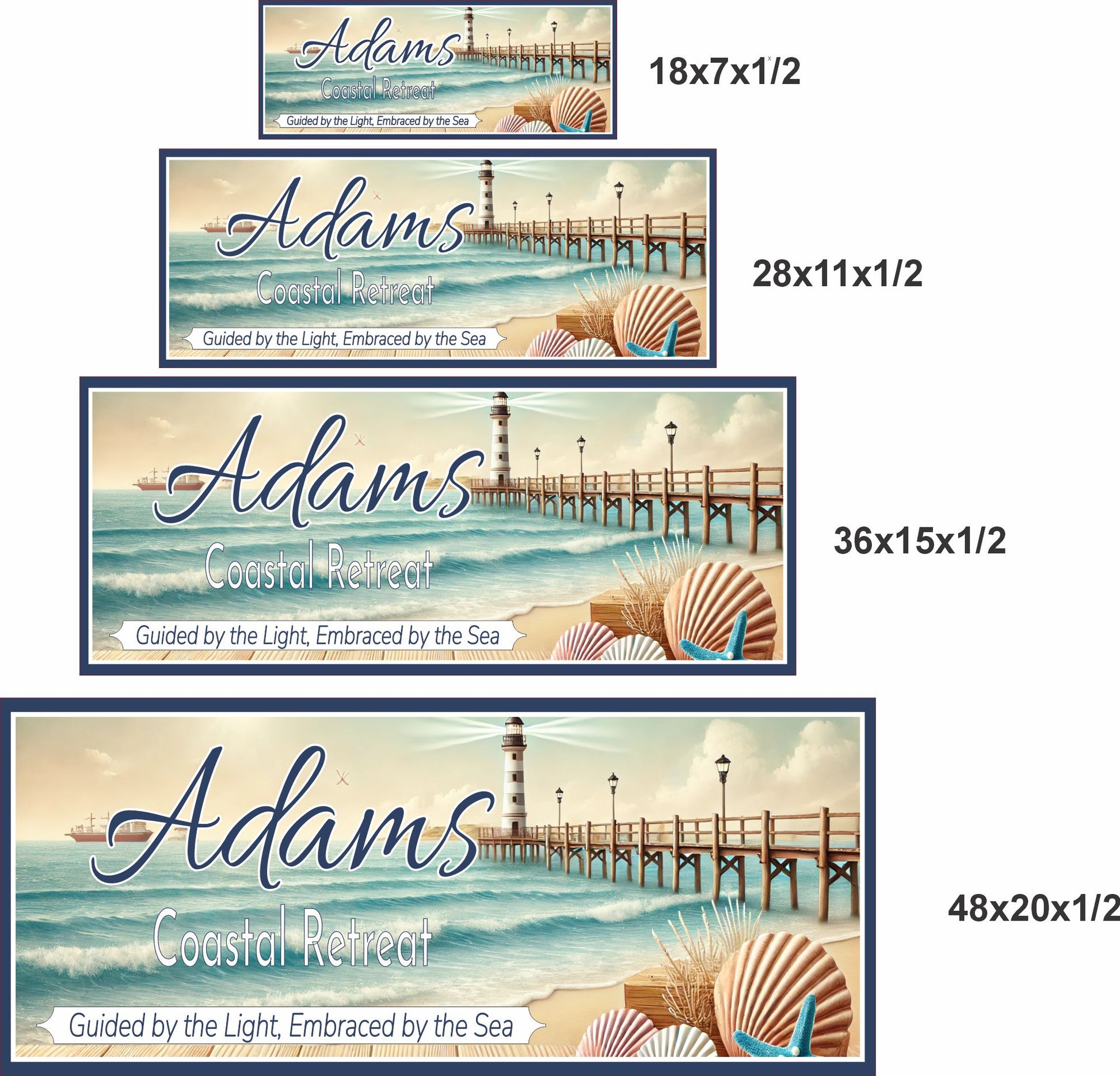coastal retreat personalized beach house sign with lighthouse pier seashells and ocean waves shown in four sizes 