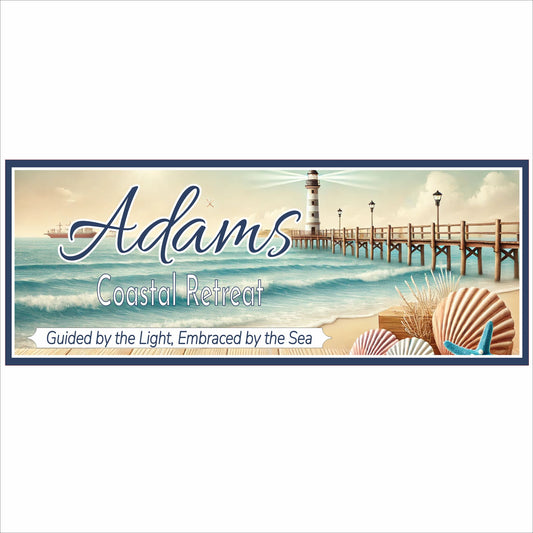 Personalized coastal beach sign featuring a lighthouse, boardwalk pier, ocean waves, and decorative seashells