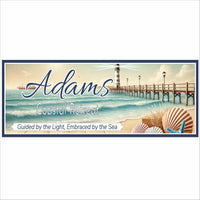 Personalized coastal beach sign featuring a lighthouse, boardwalk pier, ocean waves, and decorative seashells