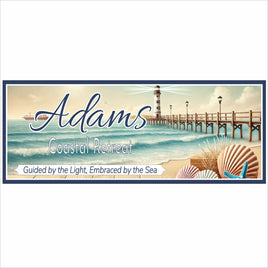 Personalized coastal beach sign featuring a lighthouse, boardwalk pier, ocean waves, and decorative seashells