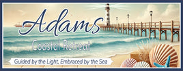 Coastal beach sign featuring a lighthouse, boardwalk pier, ocean waves, and decorative seashells

