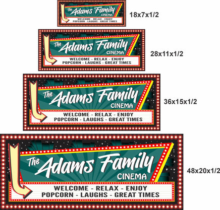personalized home theater marquee sign shown in all four sizes 18x7 28x11 36x15 and 48x20 with retro cinema lights and movie night design