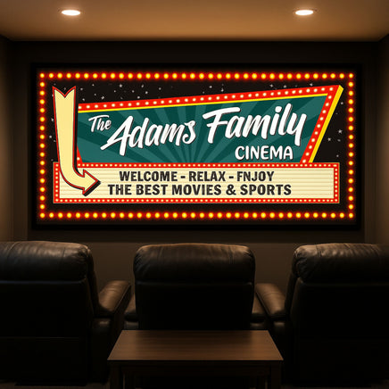 home theater room with personalized marquee cinema sign featuring custom family name and retro lights