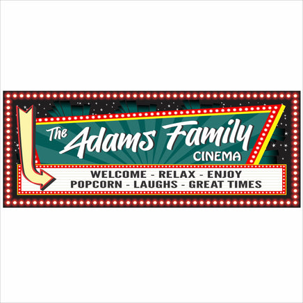 Personalized home theater marquee sign with vintage cinema lights, arrow graphic, and customizable message for a movie room or media room wall