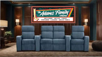Classic marquee cinema sign displayed above home theater seating in a media room