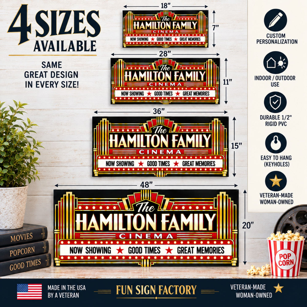 Size infographic showing the custom cinema sign in 18×7, 28×11, 36×15 and 48×20 sizes.