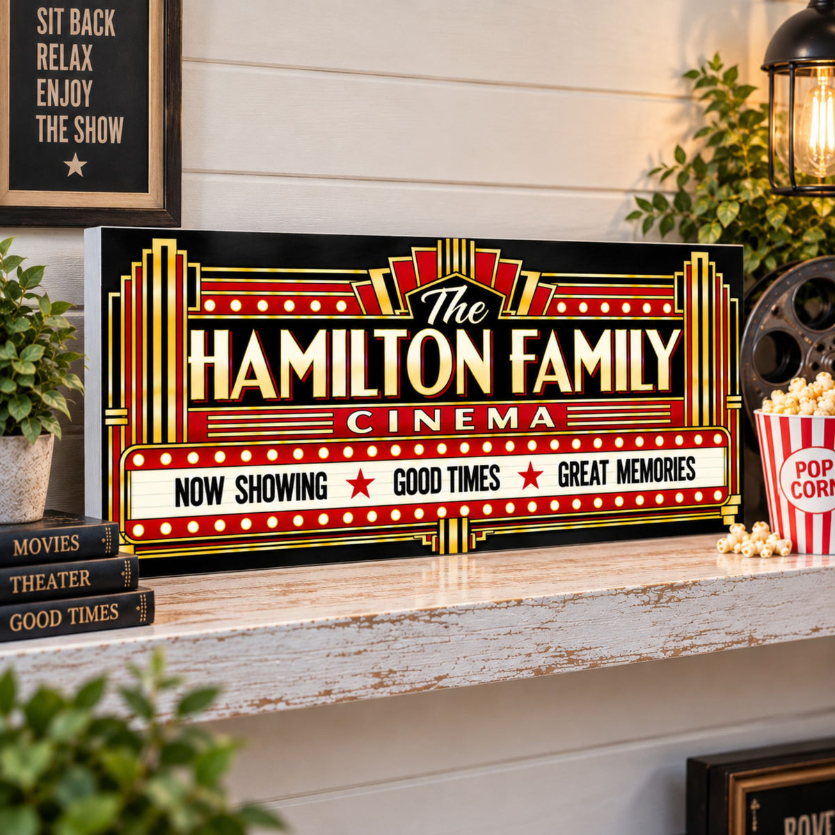 Personalized Art Deco family cinema sign displayed on a bright whitewashed shelf in a home theater setting.
