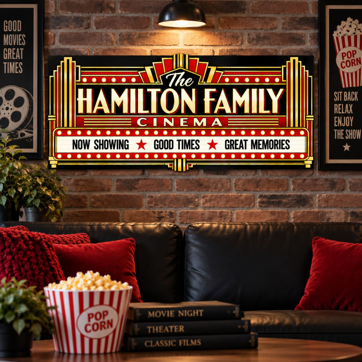 Custom family cinema sign displayed on a brick wall above a home theater sofa with movie-themed decor.