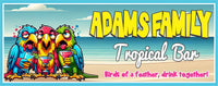 Funny tropical bar sign featuring three colorful parrots holding cocktails on a beach background