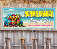 Humorous parrot-themed tiki bar sign displayed in a beach bar or home entertaining space