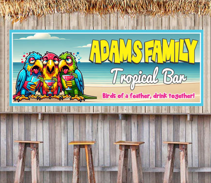 Humorous parrot-themed tiki bar sign displayed in a beach bar or home entertaining space