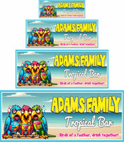 Tropical beach sign with parrots shown in multiple sizes to demonstrate scale

