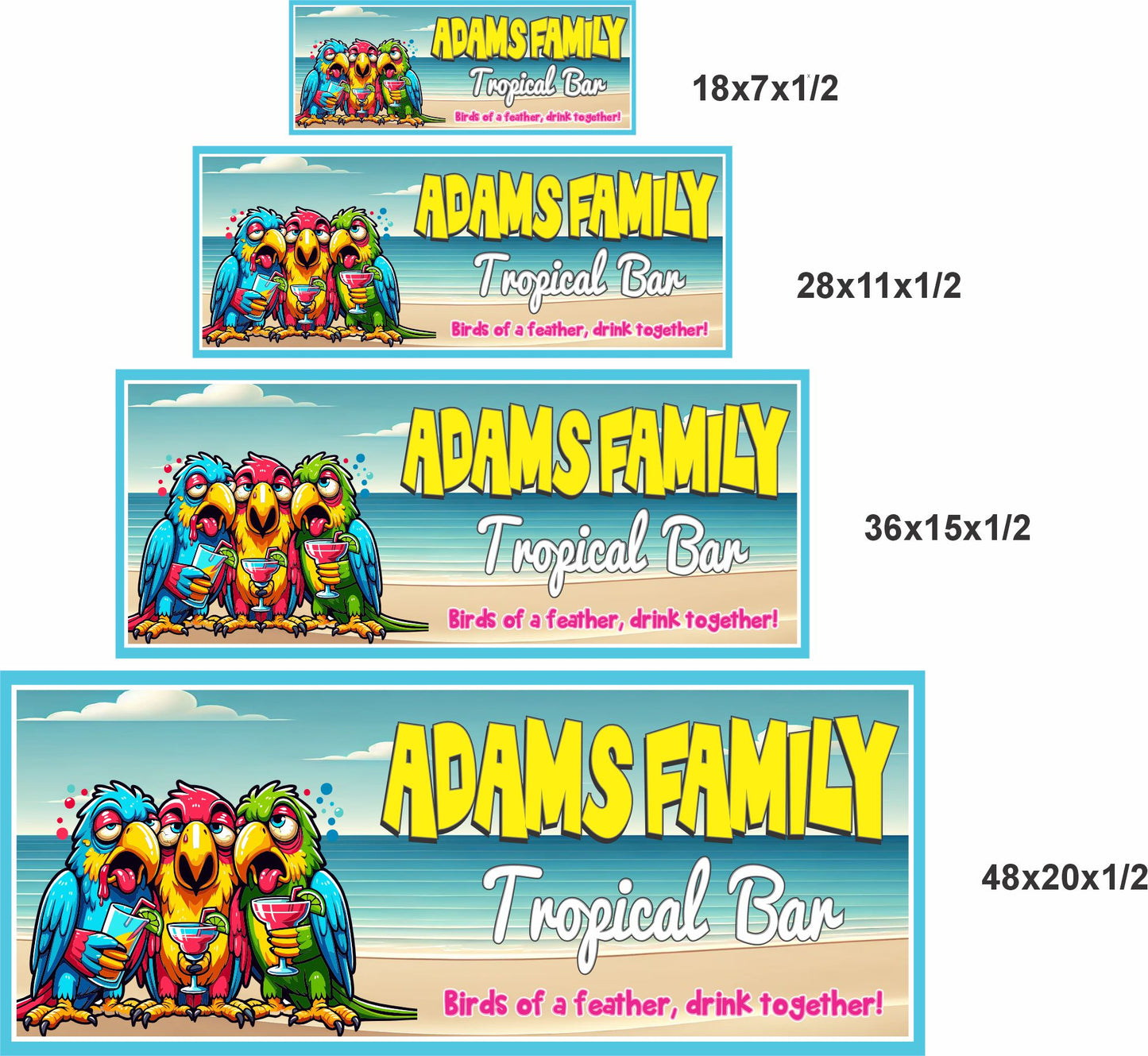 Tropical beach sign with parrots shown in multiple sizes to demonstrate scale