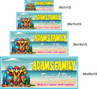 Tropical beach sign with parrots shown in multiple sizes to demonstrate scale