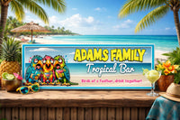 Personalized tropical bar sign with colorful parrots displayed on a tiki bar at the beach with palm trees and ocean in the background