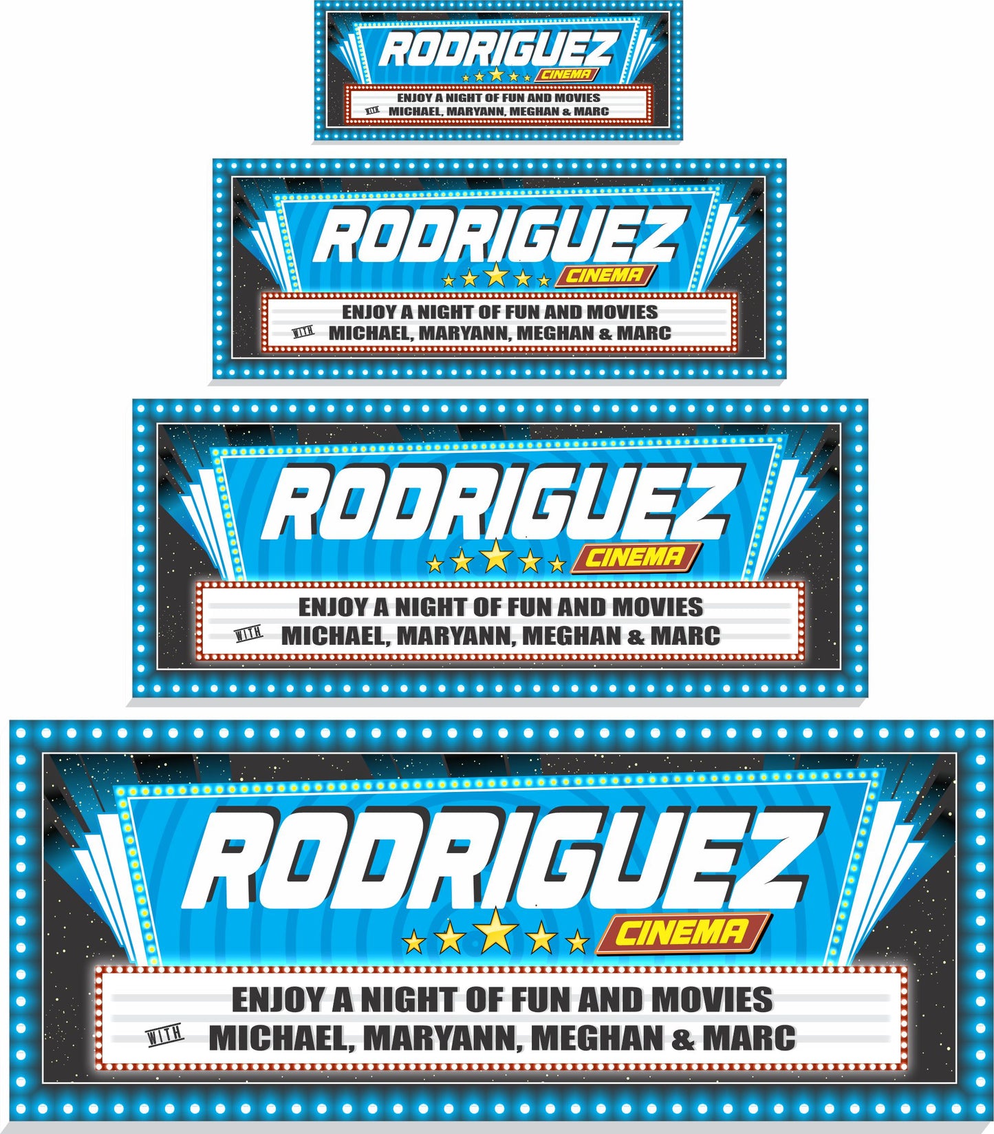 Home theater sign shown in four available sizes for easy scale comparison
