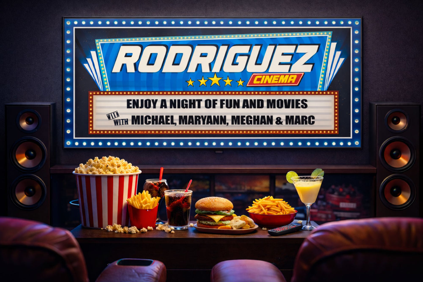 Custom home theater marquee sign with faux LED light border, personalized family cinema wall decor displayed above TV in a modern media room.