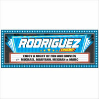 Personalized home theater marquee sign with bright blue cinema lights, star accents, and customizable movie night message for a media room or theater room wall