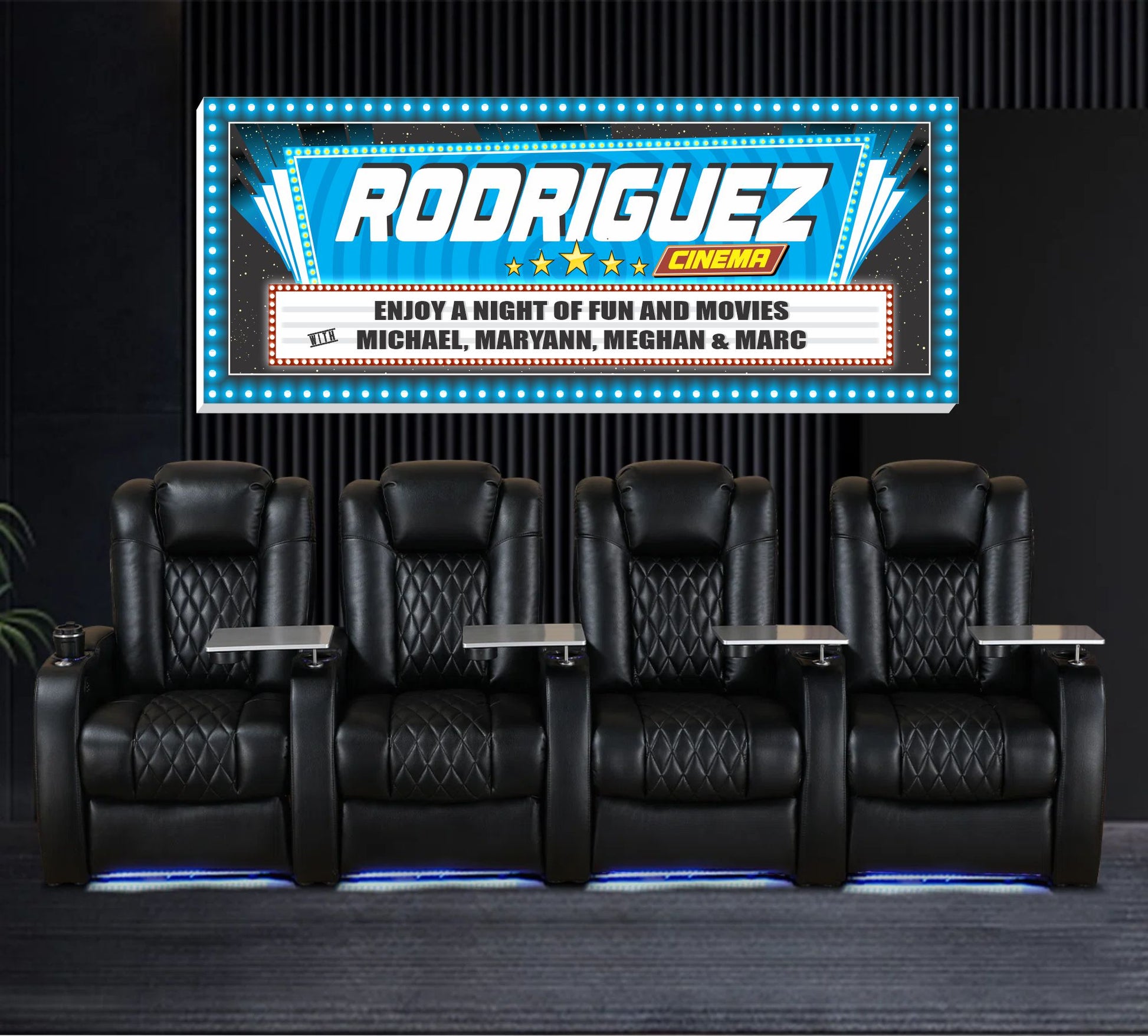 Personalized movie theater sign displayed above home theater seating in a cozy media room