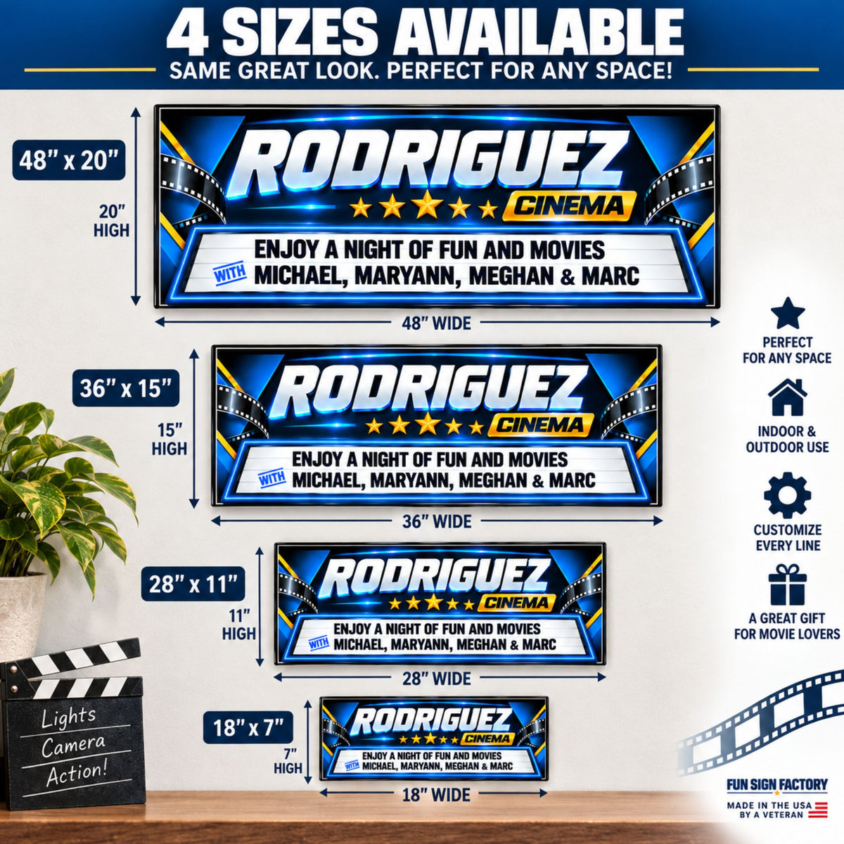 Four-size comparison showing personalized cinema signs in 18×7, 28×11, 36×15 and 48×20 inches.