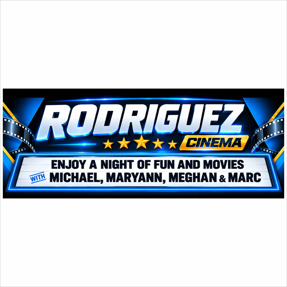 Personalized blue, black and gold family cinema sign with movie marquee and filmstrip design.