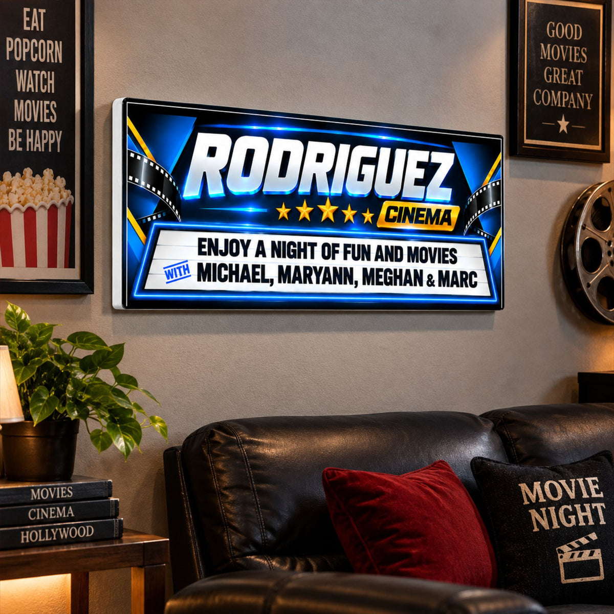 Personalized cinema marquee sign displayed on the wall of a home theater room.