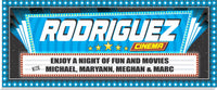Custom home theater marquee sign with bold Rodriguez Cinema design, stars, and bright lights

