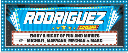 Custom home theater marquee sign with bold Rodriguez Cinema design, stars, and bright lights
