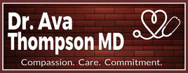 Personalized medical office sign with doctor name, stethoscope graphic, and the phrase Compassion Care Commitment on a brick background.