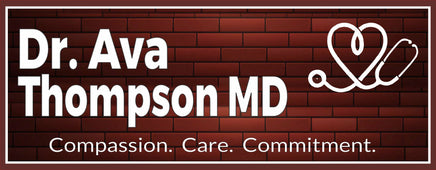 Personalized medical office sign with doctor name, stethoscope graphic, and the phrase Compassion Care Commitment on a brick background.