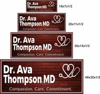 Size comparison image showing four personalized medical office signs in 18×7, 28×11, 36×15, and 48×20 inches.