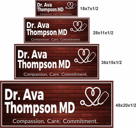 Size comparison image showing four personalized medical office signs in 18×7, 28×11, 36×15, and 48×20 inches.