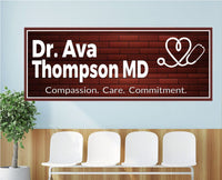 medical office wall sign featuring customizable doctor name on burgundy brick background displayed above waiting room chairs