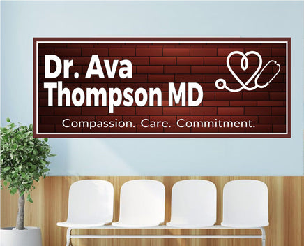 medical office wall sign featuring customizable doctor name on burgundy brick background displayed above waiting room chairs