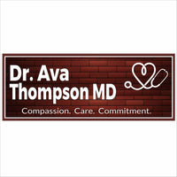 Personalized medical office sign with doctor name, stethoscope graphic, and the phrase Compassion Care Commitment on a brick background.