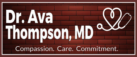 Custom doctor office sign with brick background, stethoscope heart icon, and personalized name
