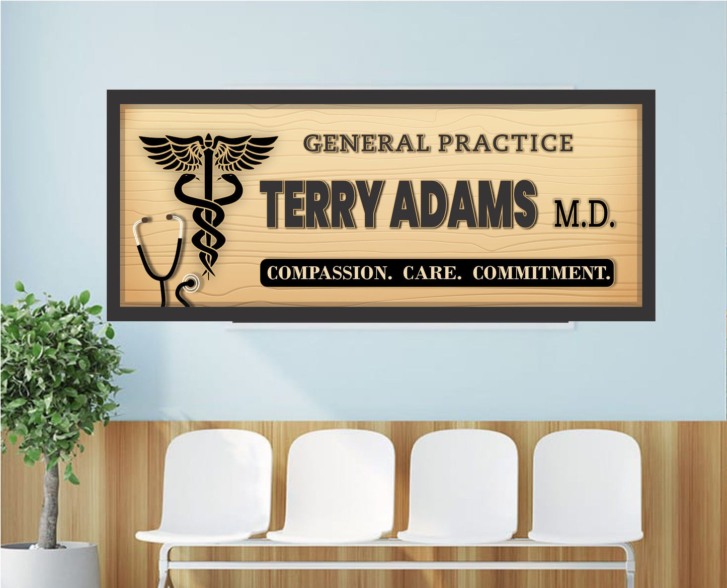 medical office sign displayed in a clinic or exam room setting with clean decor