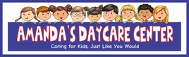 personalized daycare sign with cartoon kids and editable text on blue background