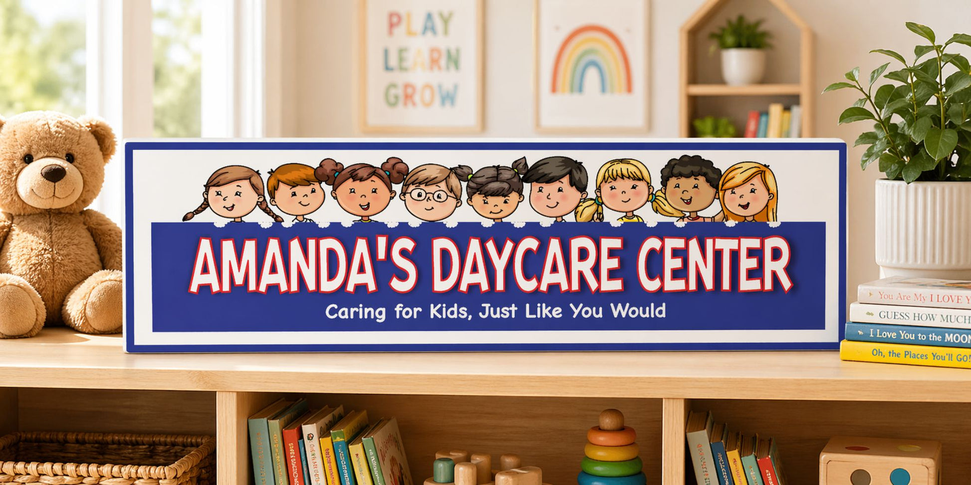 daycare sign displayed on shelf with books and toys kids room classroom decor