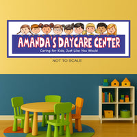 daycare wall sign displayed in a colorful children’s playroom with small table and chairs, showing personalized daycare name and cartoon kids design