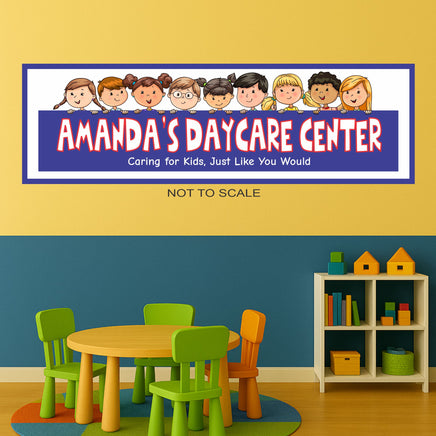 daycare wall sign displayed in a colorful children’s playroom with small table and chairs, showing personalized daycare name and cartoon kids design