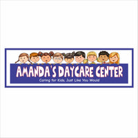 personalized daycare sign with cartoon kids and editable text on blue background