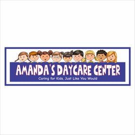 personalized daycare sign with cartoon kids and editable text on blue background