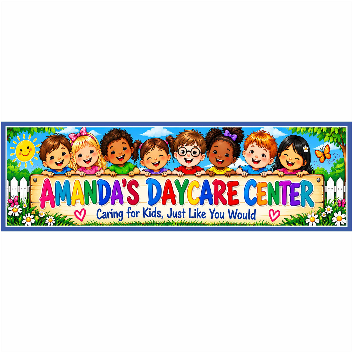 Personalized daycare center 16x5 sign with colorful kids, flowers and playful rainbow lettering.