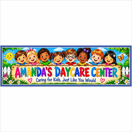 Personalized daycare center 16x5 sign with colorful kids, flowers and playful rainbow lettering.