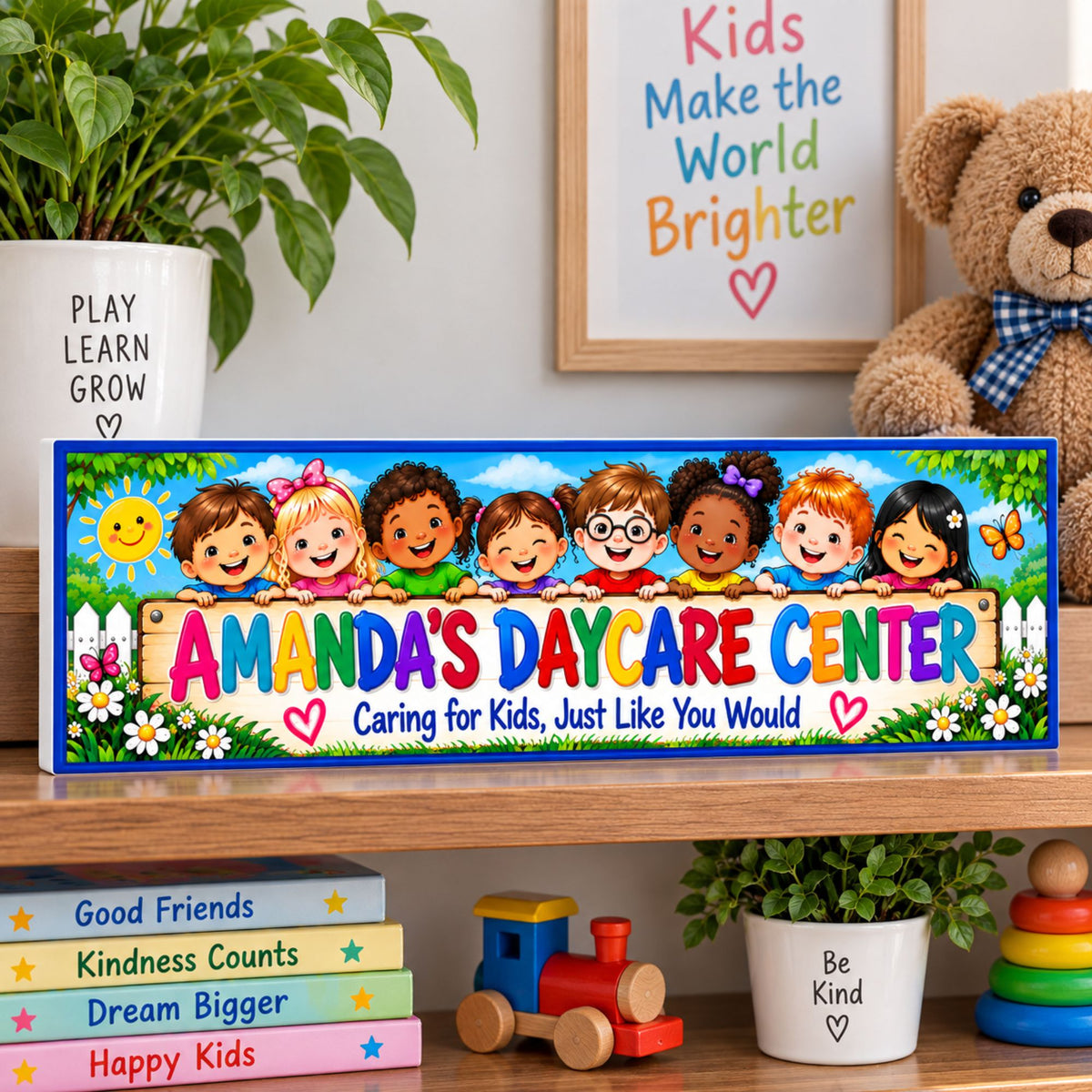 Personalized 16x5 daycare sign displayed on a shelf in a cheerful children’s room.